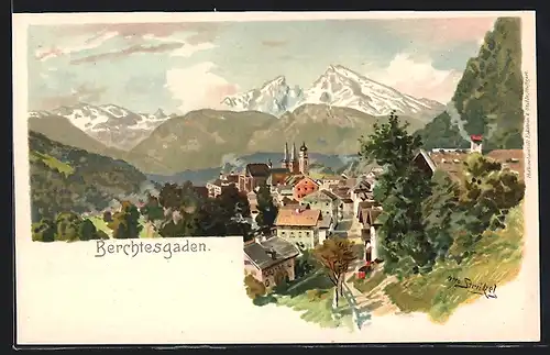 Künstler-AK Otto Strützel: Berchtesgaden, Ortskern gegen Gebirgszug