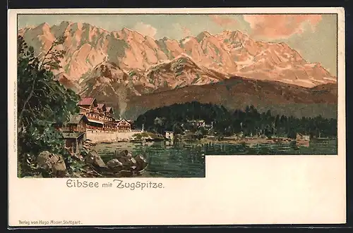 Künstler-AK Otto Strützel: Grainau, Eibsee mit Zugspitze