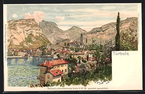 Künstler-Lithographie Otto Strützel: Torbole, Mediterrane Idylle mit Seeblick und Gebirgspanorama, Ortsansicht