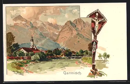 Künstler-AK Otto Strützel: Garmisch, Wegekreuz, Blick auf den Ort und die kleine Kirche