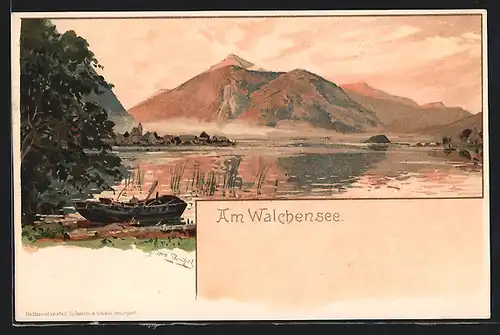 Künstler-Lithographie Otto Strützel: Am Walchensee, Landidyll