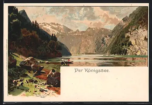 Künstler-AK Otto Strützel: Königssee, Teilansicht mit Boot