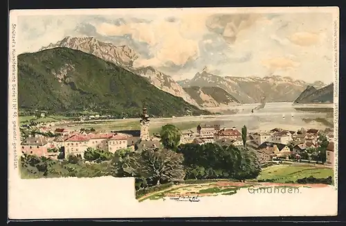 Künstler-AK Otto Strützel: Gmunden, Ortsansicht mit Bergsee