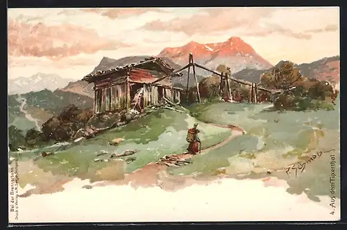 Künstler-AK P. Schmohl: Berghütte im Tuxerthal