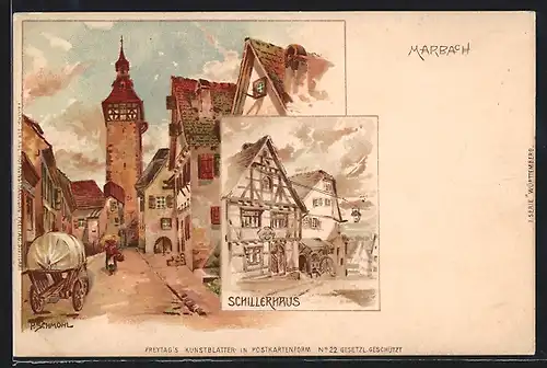 Künstler-Lithographie P.Schmohl: Marbach, Schillerhaus, Strassenpartie mit Turm