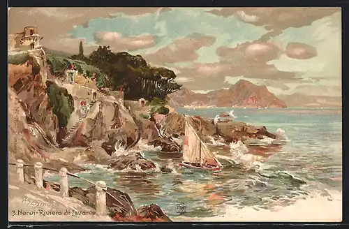Künstler-Lithographie P. Schmohl: Nervi, Riviera di Levante