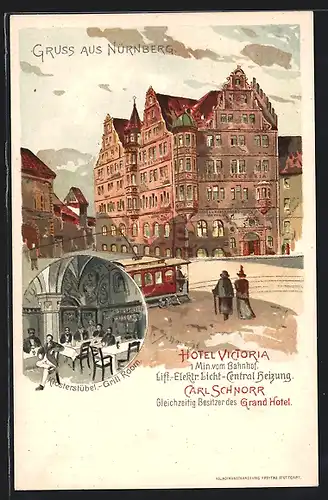 Lithographie Nürnberg, Hotel Victoria, Klosterstübel, Grill Room
