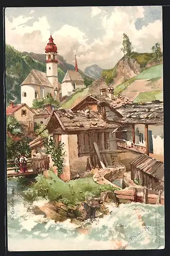 Künstler-AK P. Schmohl: Gossensass, Ortsansicht mit Kirche