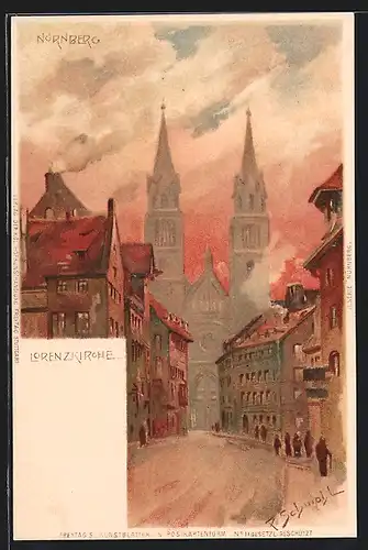 Künstler-AK P. Schmohl: Lorenzkirche in Abendstimmung