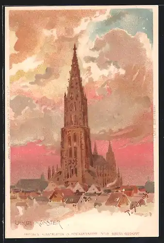 Künstler-Lithographie P. Schmohl: Ulm, Blick zum Münster