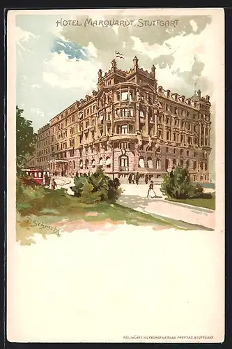 Lithographie Stuttgart, Vorderansicht des Hotel Marquardt