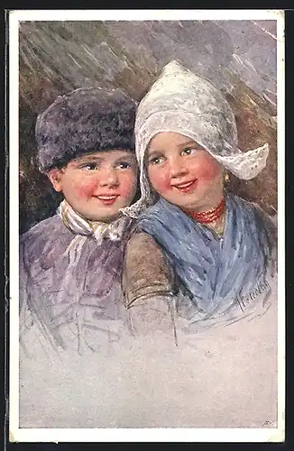 Künstler-AK Karl Feiertag: Junge und Mädchen in Tracht