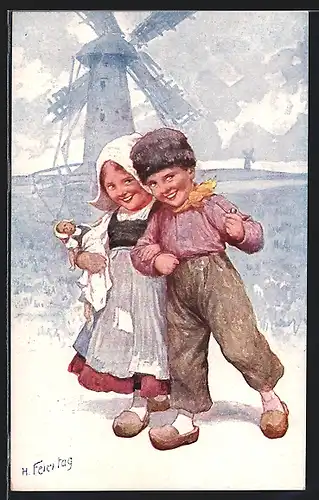 Künstler-AK Karl Feiertag: Holländisches Mädchen mit einer Puppe und einem Jungen