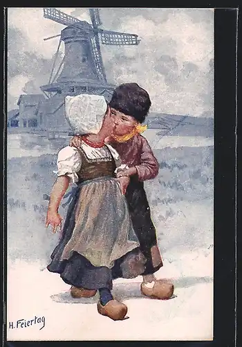 Künstler-AK Karl Feiertag: kleines Liebespaar iun holländischer Tracht