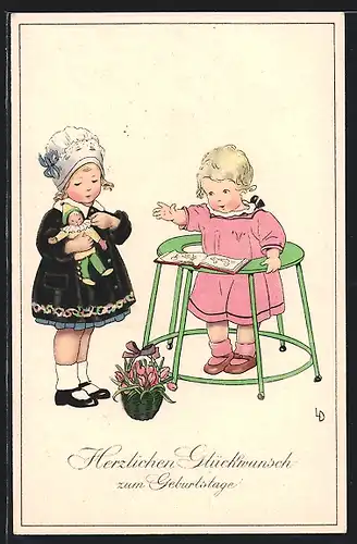 Künstler-AK Lia Döring: Mädchen mit Puppe und Kind im Laufstall