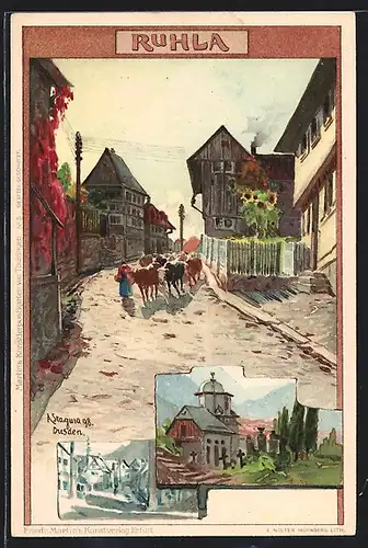 Künstler-AK Albert Stagura: Ruhla, Strassenpartie mit Kälbern, Kirche mit Kirchhof