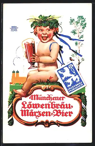 Künstler-AK Siegmund von Suchodolski: nacktes Baby mit Kopfbedeckung und Bierglas, Brauerei-Werbung für Löwenbräu