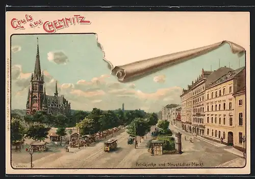 Künstler-Lithographie Erwin Spindler: Chemnitz, Petrikirche & Neustädter Markt, Strassenbahn