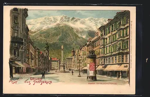 Künstler-AK Erwin Spindler: Innsbruck, Maria Theresienstrasse mit Alpen im Hintergrund