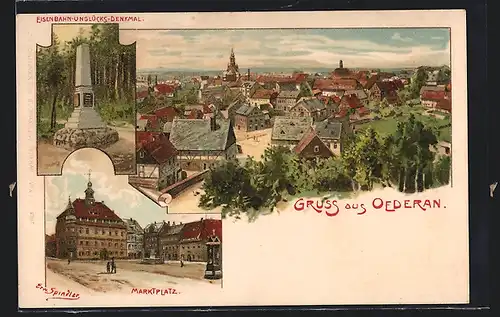 Künstler-AK Erwin Spindler: Oederan, Eisenbahn-Unglücks-Denkmal, Marktplatz, Totalansicht