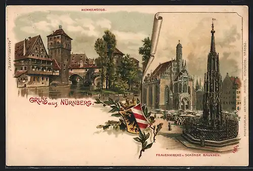 Künstler-AK W.Georgi: Nürnberg, Henkersteg, Frauenkirche & Schöner Brunnen
