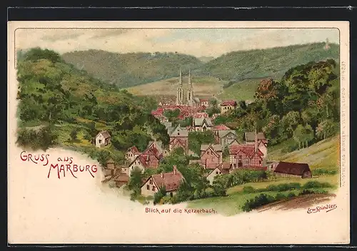 Künstler-AK Erwin Spindler: Marburg, Blick auf die Kelzerbach