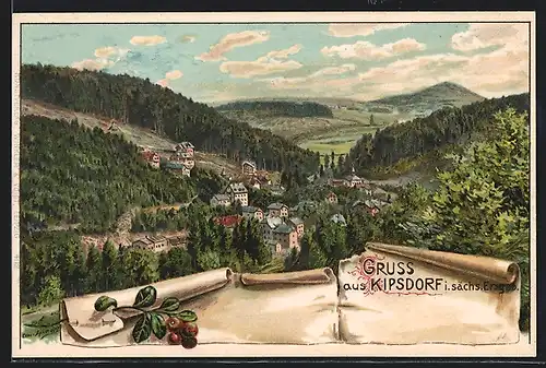 Lithographie Kipsdorf /Erzgeb., Gesamtansicht aus der Vogelschau
