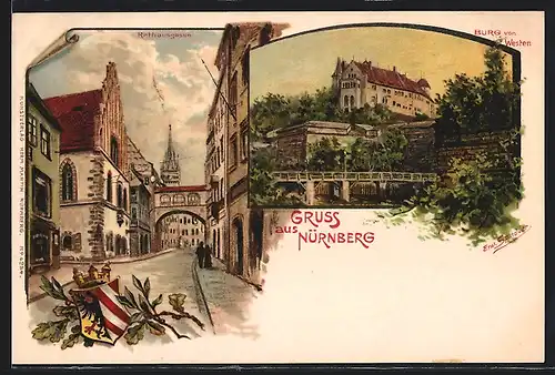 Künstler-AK Erwin Spindler: Nürnberg, Burg von Westen, Rathausgasse, Wappen