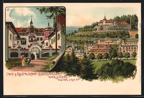 Künstler-Lithographie Erwin Spindler: Marienbad, Café-Restaurant Egerländer, Panorama