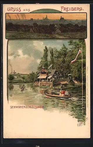Künstler-AK Erwin Spindler: Freiberg, Schwanenschlösschen, Stadtansicht