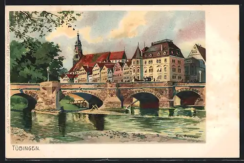 Künstler-AK Fritz Bergen: Tübingen, Teilansicht von der anderen Flussseite