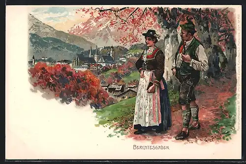 Künstler-AK Fritz Bergen: Berchtesgaden, Bauern in Tracht an einem Herbsttag