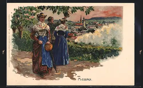 Künstler-Lithographie Fritz Bergen: Miesbach, bayerische Trachten