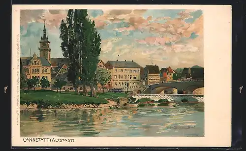 Künstler-AK Fritz Bergen: Cannstatt, Altstadt-Panorama mit Brücke