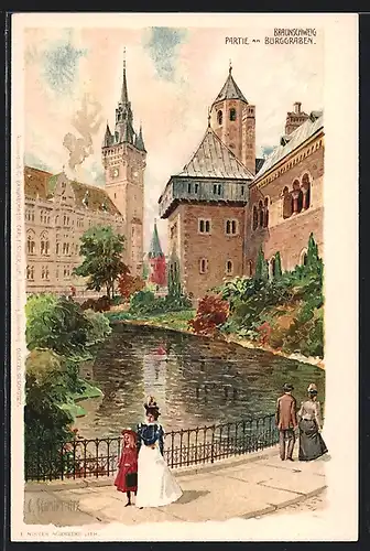 Lithographie Braunschweig, Partie am Burggraben
