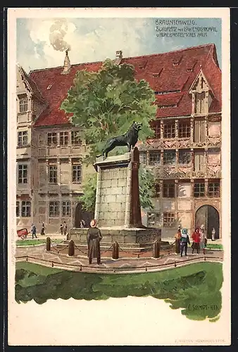 Künstler-AK Braunschweig, Burgplatz mit Löwendenkmal
