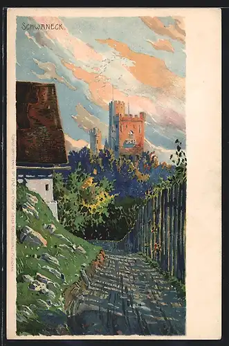 Lithographie Schwaneck, Strassenpartie mit Burg