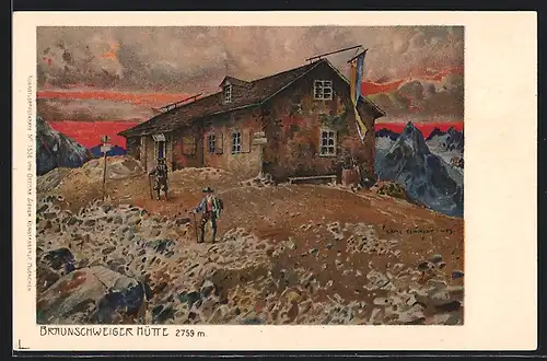 Künstler-Lithographie Carl Schmidt: Braunschweiger Hütte, Berghütte mit Umgebung