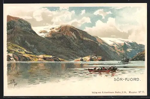 Künstler-Lithographie Themistokles von Eckenbrecher: Sör-Fjord, Dampfer und Ruderboot auf dem Fjord