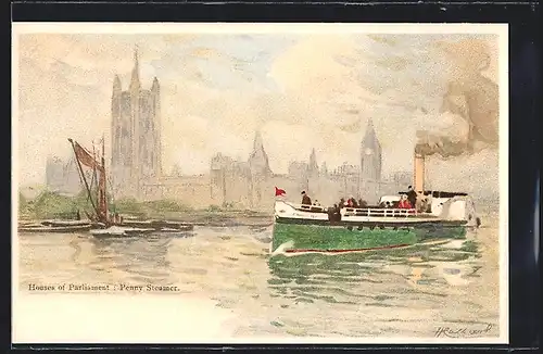 Künstler-AK Henri Cassiers: London, Houses of Parliament - Penny Steamer