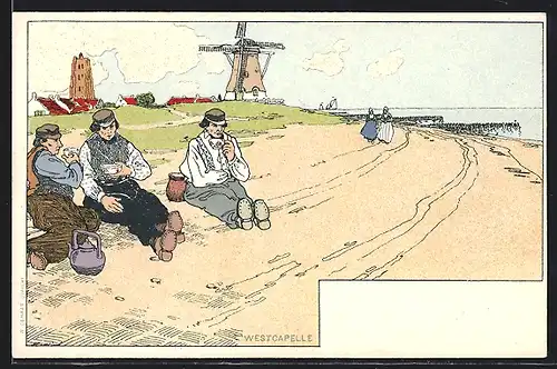 Künstler-AK Henri Cassiers: Westcapelle, Strandpartie mit Windmühle und Einwohnern beim Tee