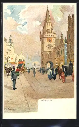 Künstler-AK H. Cassiers: Glasgow, Trongate, Strassenansicht mit Pferdebahn