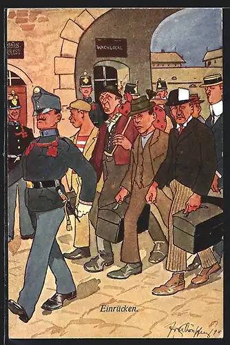 Künstler-AK Fritz Schönpflug: Einrücken, Reisende folgen einem Soldaten in Uniform in die Stadt