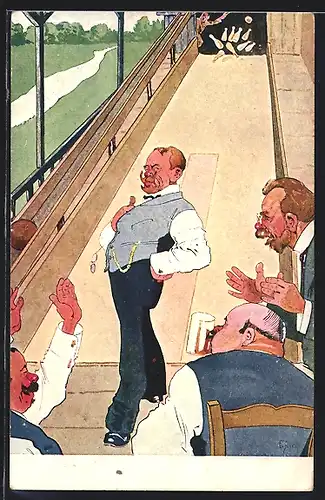 Künstler-AK Mann im Anzug hat alle Neune getroffen und wird bejubelt