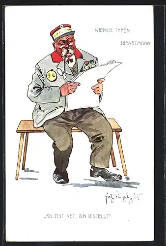 Künstler-AK Fritz Schönpflug: Wien, Wiener Typen, Dienstmann mit Zeitung