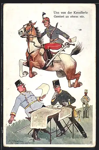 Künstler-AK Fritz Schönpflug: Soldat springt mit seinem Pferd über einen Tisch und erscheckt dabei andere Soldaten