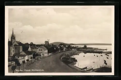 AK Werder /Havel, Teilansicht mit Mühle und Uferstrasse aus der Vogelschau