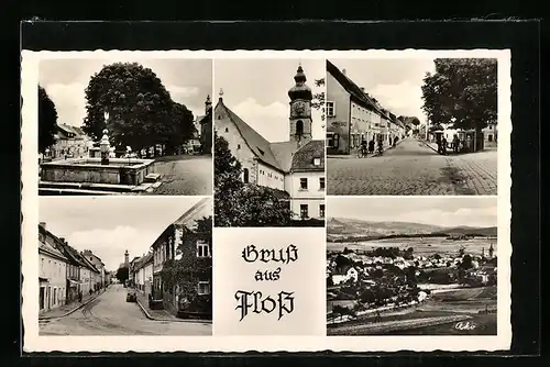 AK Floss / Opf., Ortsansicht, Strassenpartie, Kirche und Brunnen