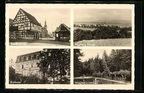 AK Pinzberg /Fränk. Schweiz, Kurhotel zur Terrasse, Waldschwimmbad, Dorfbrunnen
