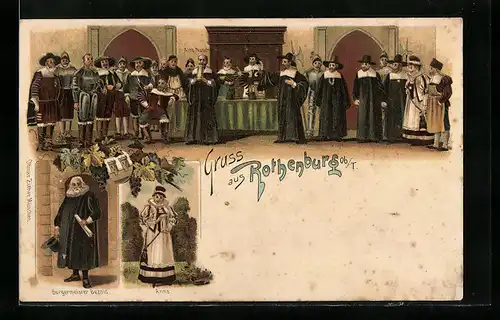 Lithographie Rothenburg, Bürgermeister Bezold, Anna, Altb. Nusch